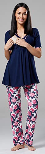 HAPPY MAMA Mujer Maternidad Conjunto Pijama/Pantalones/Cima/Bata 558p (Azul Marino y Crudo con Flores, 40, L)