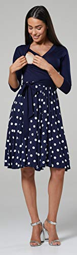 HAPPY MAMA Mujer Vestido Midi Amamantamiento Cuello en V 525 (Azul Marino & Azul Marino con Puntos, 44-46, 2XL)