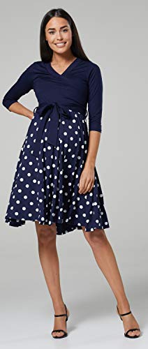 HAPPY MAMA Mujer Vestido Midi Amamantamiento Cuello en V 525 (Azul Marino & Azul Marino con Puntos, 44-46, 2XL)