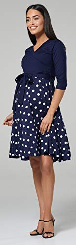 HAPPY MAMA Mujer Vestido Midi Amamantamiento Cuello en V 525 (Azul Marino & Azul Marino con Puntos, 44-46, 2XL)