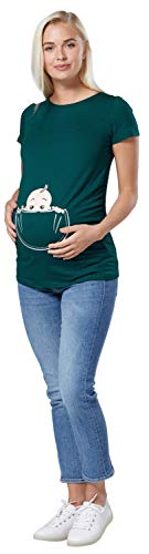 Happy Mama. para Mujer Camiseta premamá T-Shirt Estampado bebé en Bolsillo. 501p (Verde Botella, 42-44, XL)