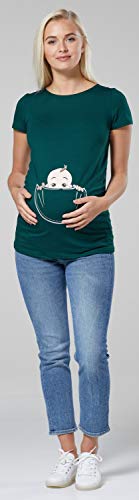 Happy Mama. para Mujer Camiseta premamá T-Shirt Estampado bebé en Bolsillo. 501p (Verde Botella, 42-44, XL)