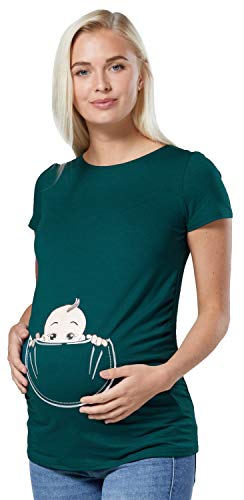 Happy Mama. para Mujer Camiseta premamá T-Shirt Estampado bebé en Bolsillo. 501p (Verde Botella, 42-44, XL)