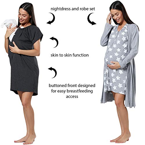 HAPPY MAMA Para Mujer Set Camisón Bata de Premamá Embarazo Lactancia 1009 (Mezcla Gris y Gris con Estrellas, 38-40, S)