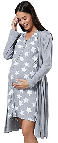 HAPPY MAMA Para Mujer Set Camisón Bata de Premamá Embarazo Lactancia 1009 (Mezcla Gris y Gris con Estrellas, 40-42, M)