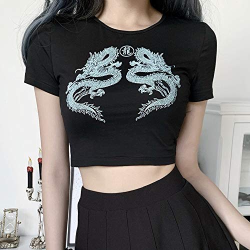 Harajuku, Camisetas Negras Sexis para Mujer, Ropa De Calle Gótica con Estampado De Dragón, Camisetas Ajustadas, Camiseta Informal De Verano para Mujer, S Negro