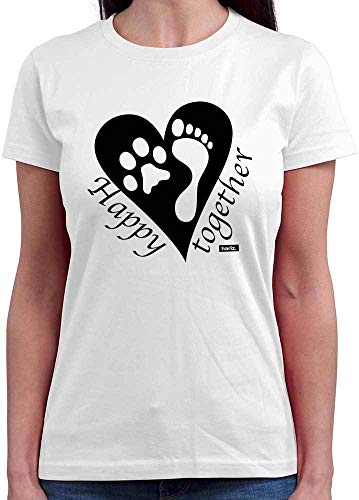 Hariz - Camiseta de cuello redondo para mujer, con mensaje "Happy Together", incluye tarjeta de regalo Blanco S