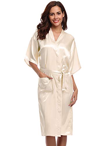Hawiton Bata Kimono Mujer, Seda Satén Corto Kimono Bata Pijama Vestido de Encaje Conjunto de Lencería Albornoz Vestido de Dama de Honor de Camisón