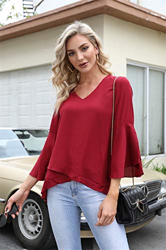 Hawiton Blusas de Gasa para Mujer Elegante 3/4 Manga Cuello V Camisa Chiffon Acampanadas Ligero Tops para Primavera Verano Otoño
