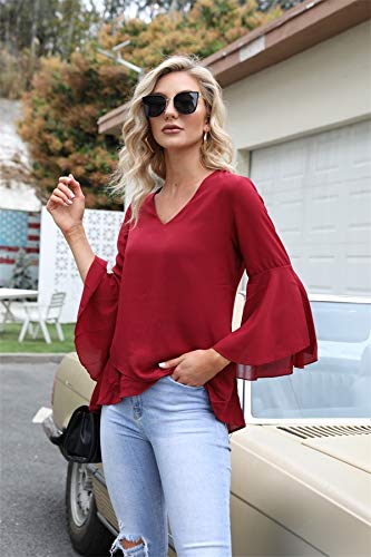 Hawiton Blusas de Gasa para Mujer Elegante 3/4 Manga Cuello V Camisa Chiffon Acampanadas Ligero Tops para Primavera Verano Otoño