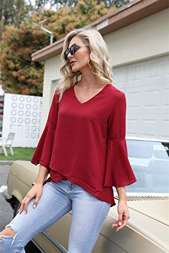Hawiton Blusas de Gasa para Mujer Elegante 3/4 Manga Cuello V Camisa Chiffon Acampanadas Ligero Tops para Primavera Verano Otoño