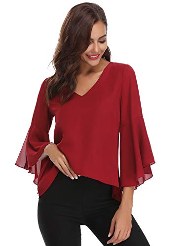 Hawiton Blusas de Gasa para Mujer Elegante 3/4 Manga Cuello V Camisa Chiffon Acampanadas Ligero Tops para Primavera Verano Otoño