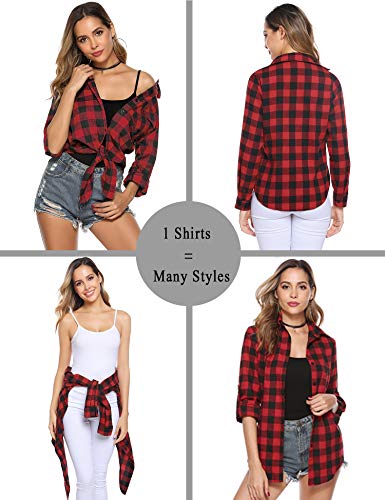 Hawiton Camisas Cuadros Mujer Blusas Franela de Manga Larga Casual Básico Check Shirt con Botones
