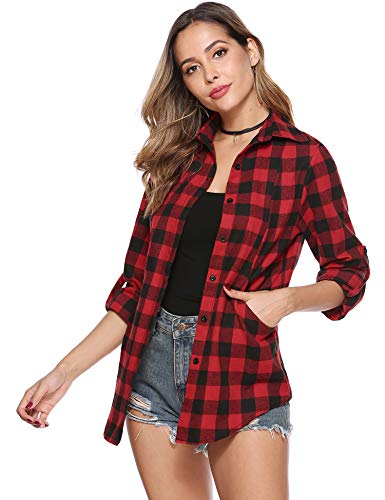 Hawiton Camisas Cuadros Mujer Blusas Franela de Manga Larga Casual Básico Check Shirt con Botones