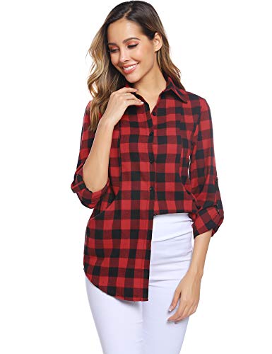 Hawiton Camisas Cuadros Mujer Blusas Franela de Manga Larga Casual Básico Check Shirt con Botones