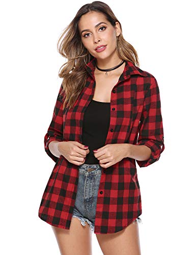 Hawiton Camisas Cuadros Mujer Blusas Franela de Manga Larga Casual Básico Check Shirt con Botones
