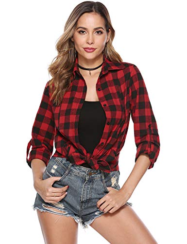 Hawiton Camisas Cuadros Mujer Blusas Franela de Manga Larga Casual Básico Check Shirt con Botones