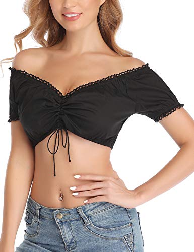 Hawiton Camiseta para Mujer,100% Algodón Camisas de Manga Corta, Tradicional Blusa de Dirndl bávara Oktoberfest Regular Fit Sexy Cuello en V t-Shirt