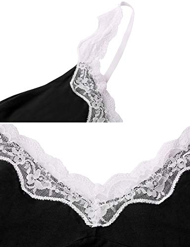 Hawiton Camison de Algodon para Mujer, Sexy Encaje sin Mangas T-Shirt Vestidos de Correa de Hombro Ajustable, Suave Pijama,Negro,XXL