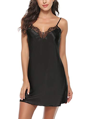 Hawiton camisón Mujer Corto Verano,Sexy Encaje sin Mangas Comodo Pijama Mujer,Elegante Camisones de Satén,S-XL
