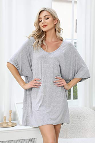 Hawiton Camisón Mujer Verano Camisón Sexy de Algodon Camisón Manga Corta Camisones para Mujer Pijamas Algodon Sexy, Gris, S