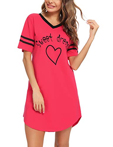 Hawiton Camisón Mujer Verano Camisón Sexy de Algodon Camisón Manga Corta Camisones para Mujer Pijamas Algodon Sexy, Vino Rojo, S