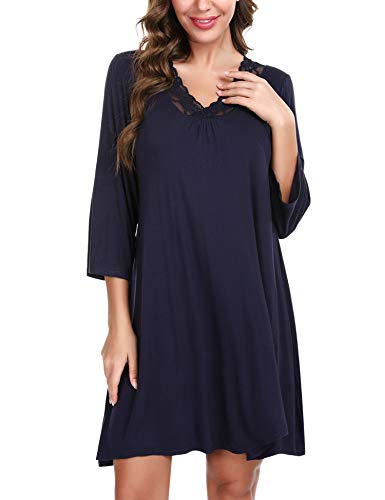 Hawiton camisón para Mujer de Algodon, Sexy Camisones de Encaje de Mangas 3/4, Pijamas con Cuello en v Casual T-Shirt Vestido Ropa de Dormir Tallas Grandes,Azul,XXL