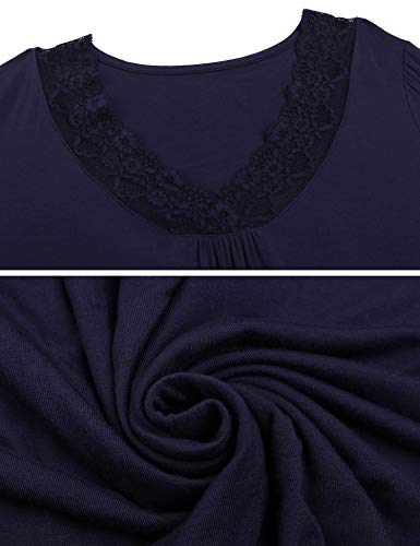 Hawiton camisón para Mujer de Algodon, Sexy Camisones de Encaje de Mangas 3/4, Pijamas con Cuello en v Casual T-Shirt Vestido Ropa de Dormir Tallas Grandes,Azul,XXL
