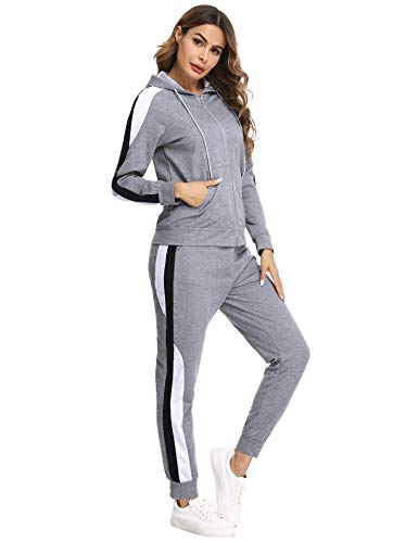 Hawiton Conjunto de Chándal para Mujer de Algodón Invierno, Conjunto de Sudadera Mujer Larga con Chaqueta y Pantalon para Fitness Jogger Tenis Tallas Grandes 2 Piezas, Gris, XL