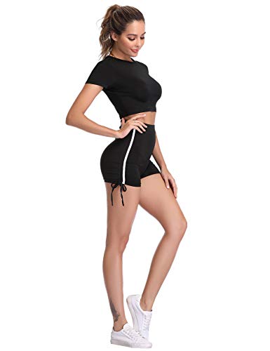 Hawiton Conjunto de Ropa Deportiva para Mujer Top de Running de Manga Corta de 2 Piezas & Pantalones Cortos de Cintura Alta Yoga Gym Wear