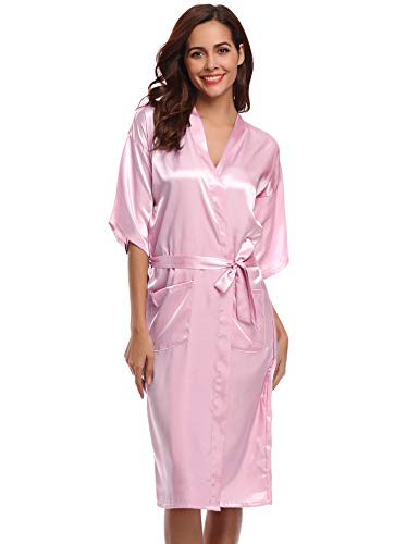Hawiton Kimono Mujer Bata Saten Manga Corta Novia Albornoz Boda Pijama de Seda Vestidos con Cinturilla Elegante Ropa de Dormir Verano
