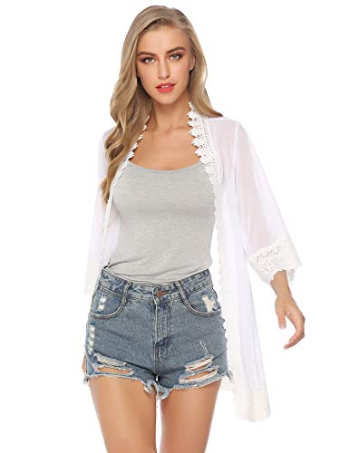 Hawiton Mujer Cárdigan Kimono Elegante Manga 3/4 Transparencia Gasa Blusa Ligero Playa Encubrir Encaje Frente Abierto Chaqueta