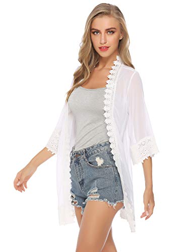 Hawiton Mujer Cárdigan Kimono Elegante Manga 3/4 Transparencia Gasa Blusa Ligero Playa Encubrir Encaje Frente Abierto Chaqueta
