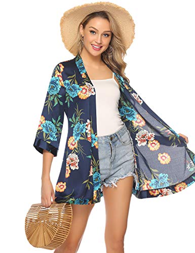 Hawiton Mujer Cárdigan Kimono Florales Manga 3/4 Gasa Boho Blusa Playa Encubrir Chaqueta Fina Casual