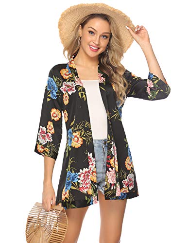 Hawiton Mujer Cárdigan Kimono Florales Manga 3/4 Gasa Boho Blusa Playa Encubrir Chaqueta Fina Casual