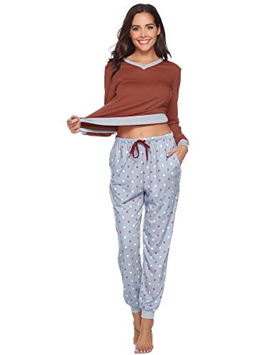 Hawiton Pijama Invierno Mujer Algodon Mangas Larga Pantalon Largo Encaje 2 Piezas Talla Grande