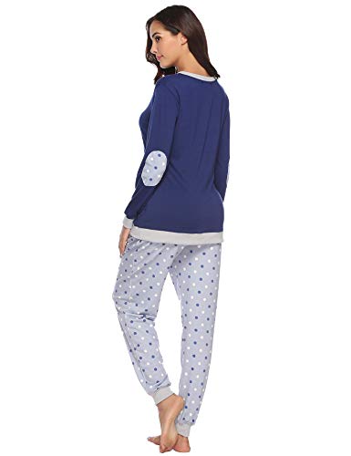 Hawiton Pijama Invierno Mujer Algodon Mangas Larga Pantalon Largo Encaje 2 Piezas Talla Grande