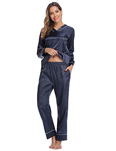 Hawiton Pijama Mujer Saten Pijamas Raso Mujer Invierno de Manga Larga Kimono Satén Ropa de Casa 2 Piezas