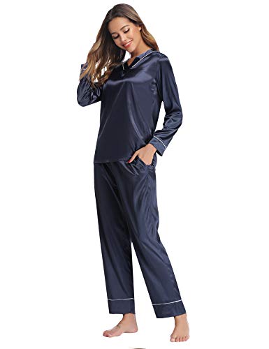 Hawiton Pijama Mujer Saten Pijamas Raso Mujer Invierno de Manga Larga Kimono Satén Ropa de Casa 2 Piezas