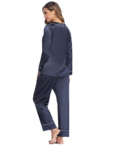 Hawiton Pijama Mujer Saten Pijamas Raso Mujer Invierno de Manga Larga Kimono Satén Ropa de Casa 2 Piezas