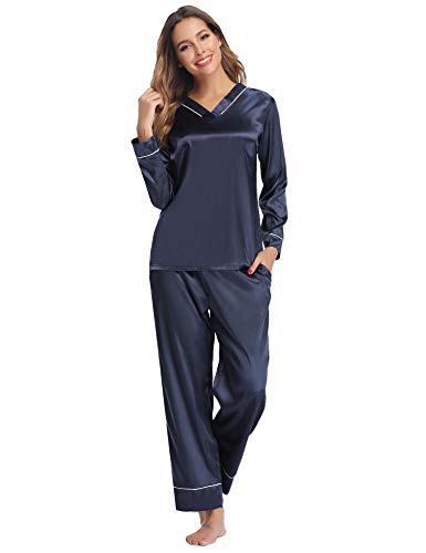 Hawiton Pijama Mujer Saten Pijamas Raso Mujer Invierno de Manga Larga Kimono Satén Ropa de Casa 2 Piezas