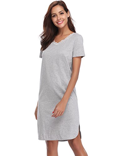 Hawiton Pijama Mujer Verano Manga Corta Camisón Vestido Ropa de Dormir Cuello en V Pijamas Vestir Camisónes Loungewear Sexy y Elegante, Gris