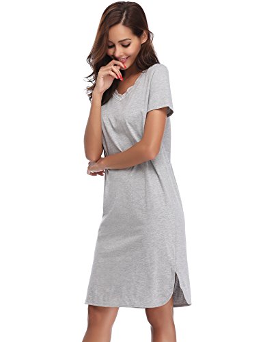 Hawiton Pijama Mujer Verano Manga Corta Camisón Vestido Ropa de Dormir Cuello en V Pijamas Vestir Camisónes Loungewear Sexy y Elegante, Gris