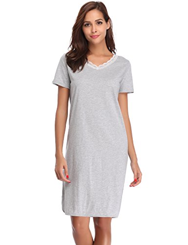 Hawiton Pijama Mujer Verano Manga Corta Camisón Vestido Ropa de Dormir Cuello en V Pijamas Vestir Camisónes Loungewear Sexy y Elegante, Gris