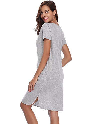 Hawiton Pijama Mujer Verano Manga Corta Camisón Vestido Ropa de Dormir Cuello en V Pijamas Vestir Camisónes Loungewear Sexy y Elegante, Gris
