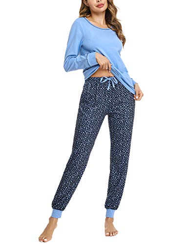 Hawiton Pijamas Mujer Invierno Manga Larga Conjunto de Pijama para Mujer Algodón Pantalones Largo Ropa de Casa 2 Piezas, Azul, L