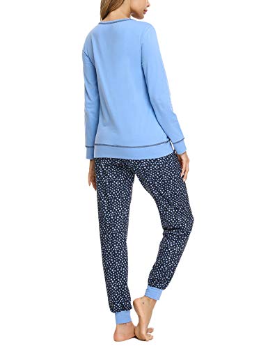 Hawiton Pijamas Mujer Invierno Manga Larga Conjunto de Pijama para Mujer Algodón Pantalones Largo Ropa de Casa 2 Piezas, Azul, L