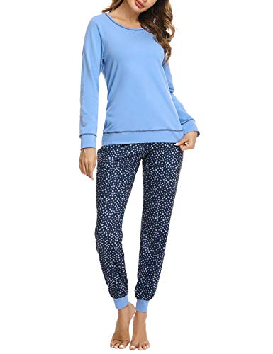 Hawiton Pijamas Mujer Invierno Manga Larga Conjunto de Pijama para Mujer Algodón Pantalones Largo Ropa de Casa 2 Piezas, Azul, L