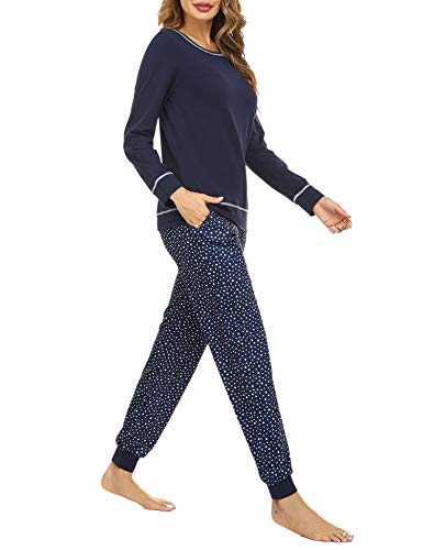 Hawiton Pijamas Mujer Invierno Manga Larga Conjunto de Pijama para Mujer Algodón Pantalones Largo Ropa de Casa 2 Piezas, Azul Oscuro, L