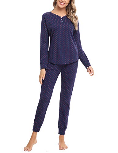 Hawiton Pijamas Mujer Invierno Manga Larga Conjunto de Pijama para Mujer Algodón Pantalones Largo Ropa de Casa 2 Piezas, Azul Oscuro, L